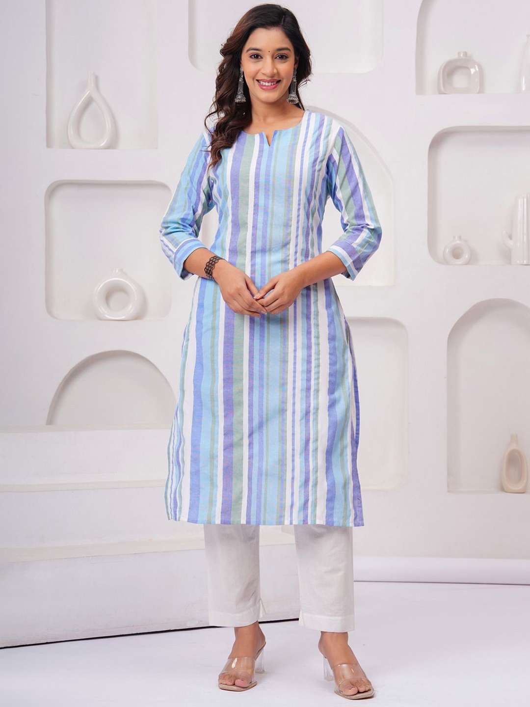 

Sarai Striped Notch-Neck Cotton Straight Kurta, Blue