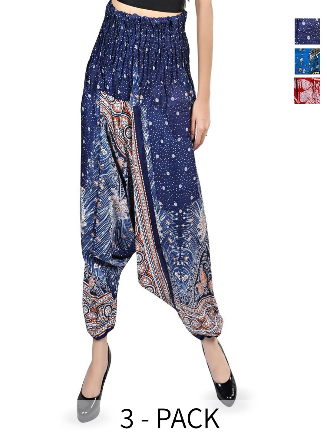 

NarNari Women Pack of 3 Ethnic Motifs Printed Relaxed Fit Harem Pants, Blue