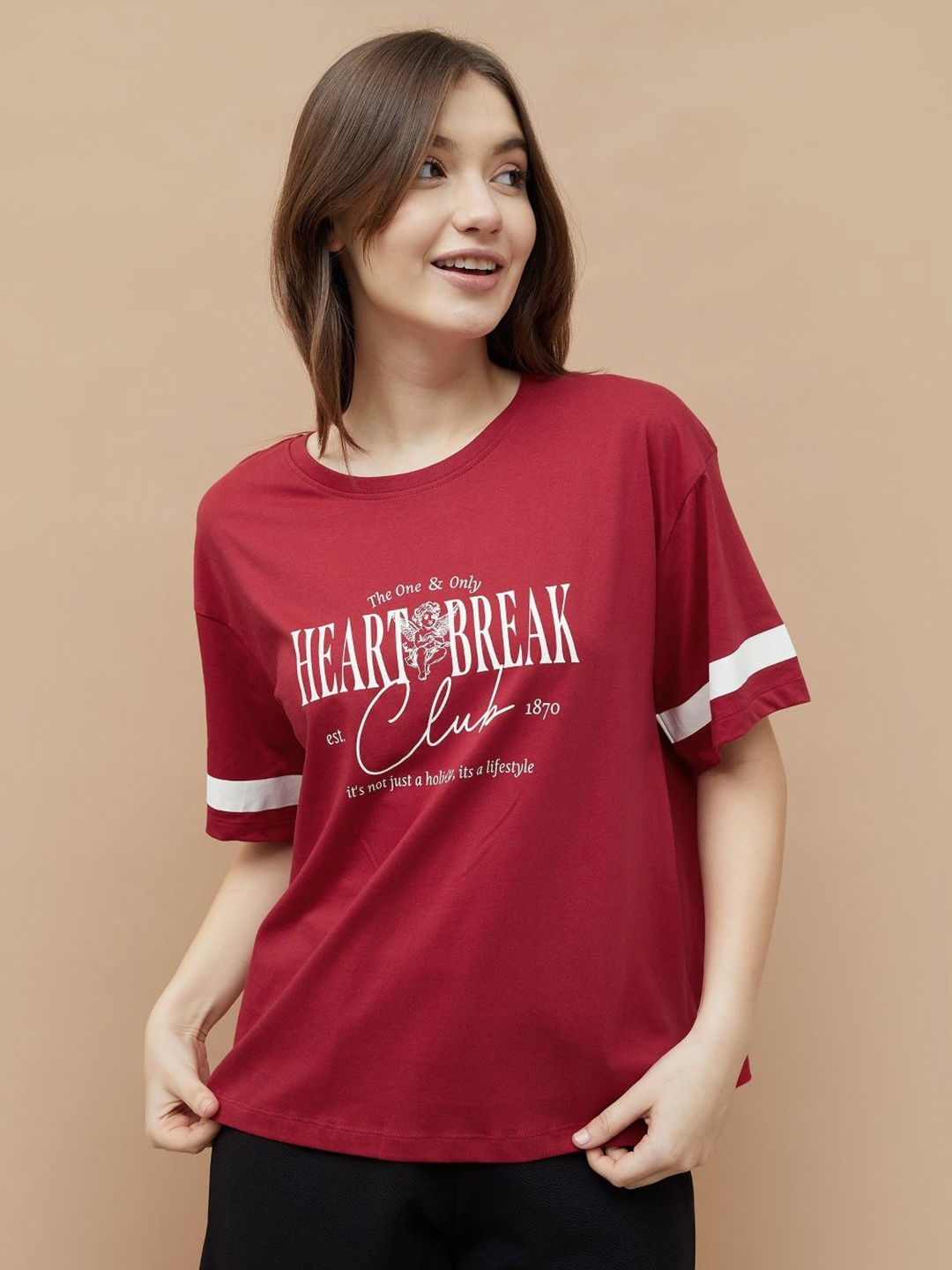 

Ginger by Lifestyle Women Typography Printed Applique T-shirt, Red