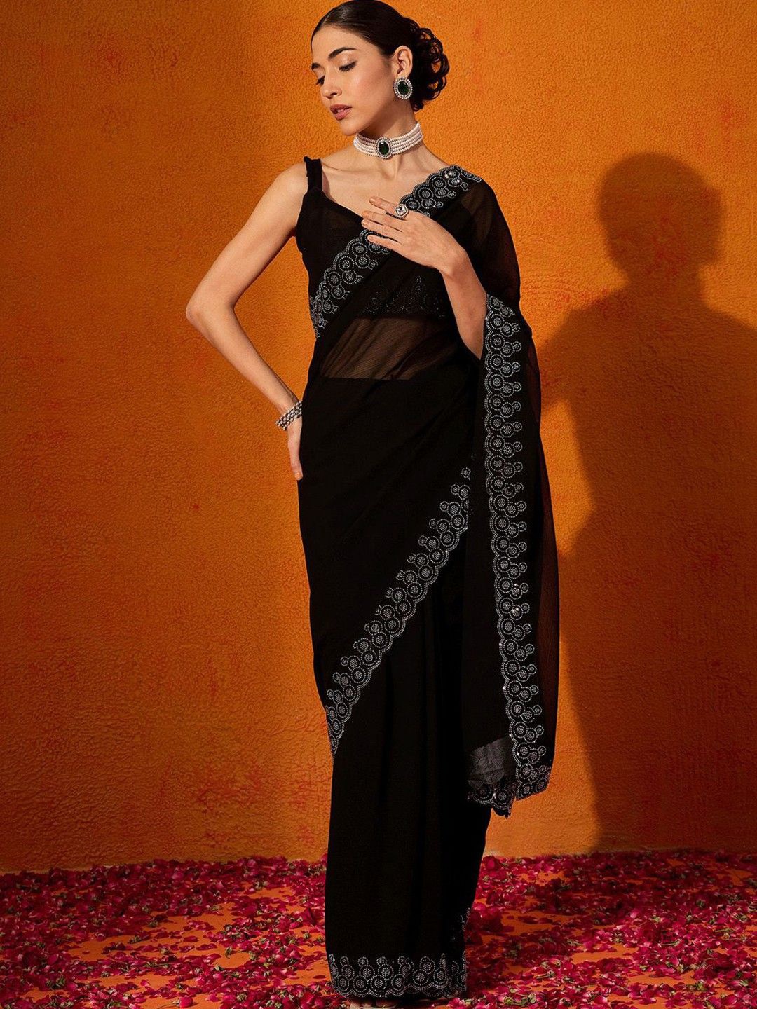 

SWADESI STUFF Beads and Stones Pure Georgette Designer Saree, Black