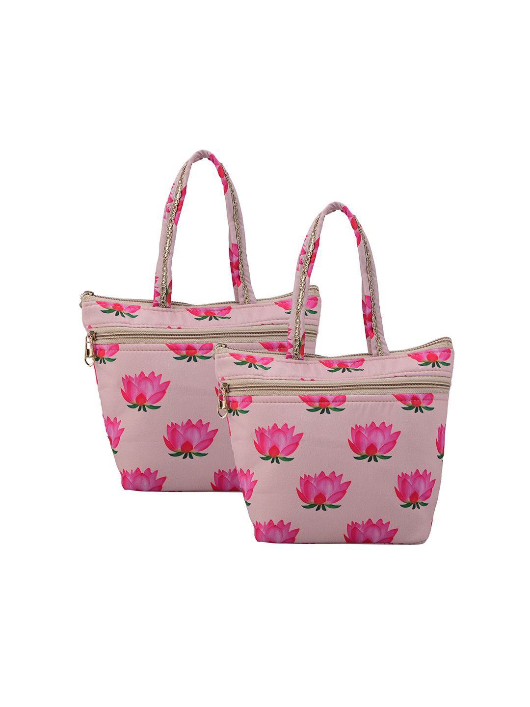 

Kuber Industries 2 Pcs Lotus Printed Pure Silk Hand Bags, Cream
