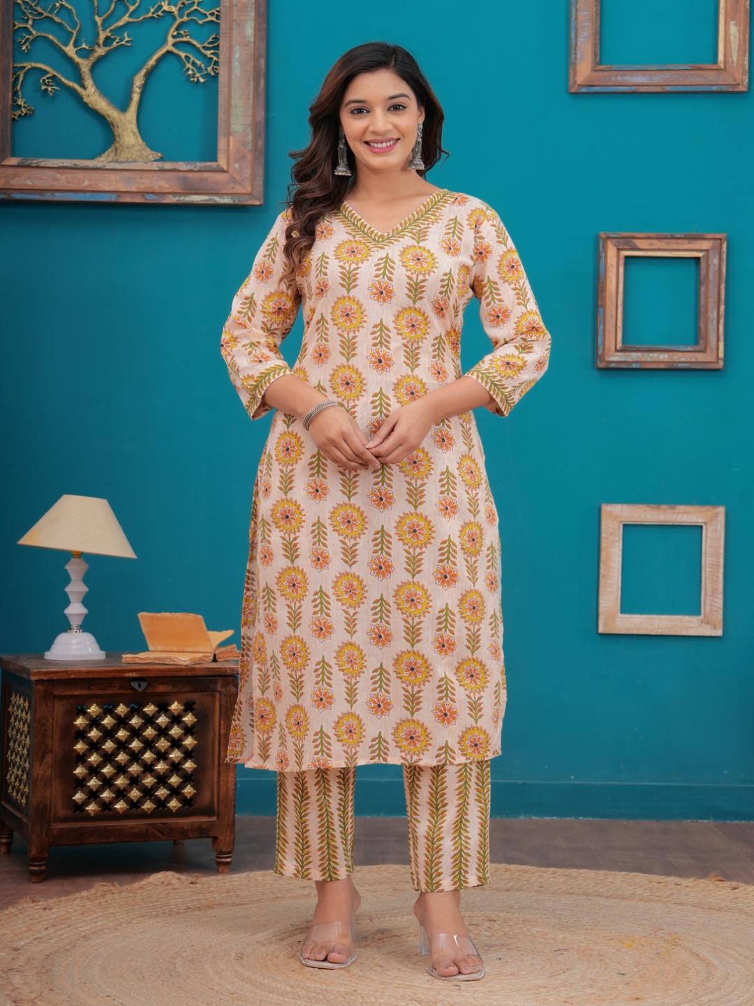 

Sarai Women Floral Printed V-Neck Straight Pure Cotton Kurta With Trousers, Mustard