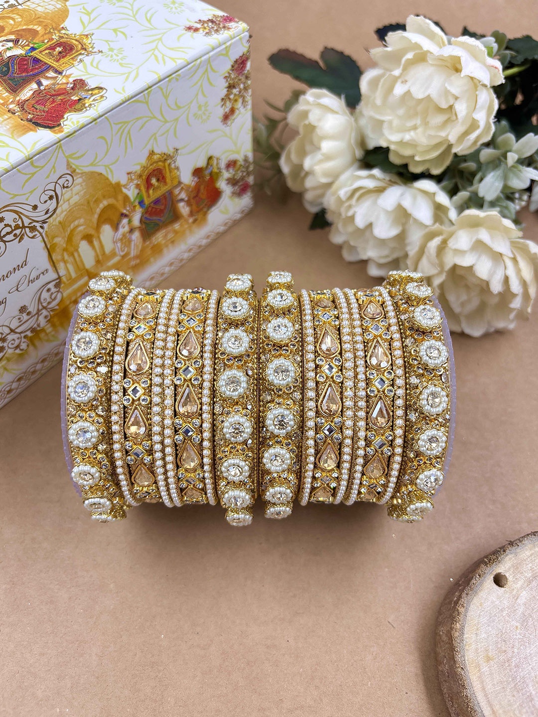 

Wedding Chuda by Hitesh Bangles Set Of 16 Stone Studded & Beaded Bangles, Gold