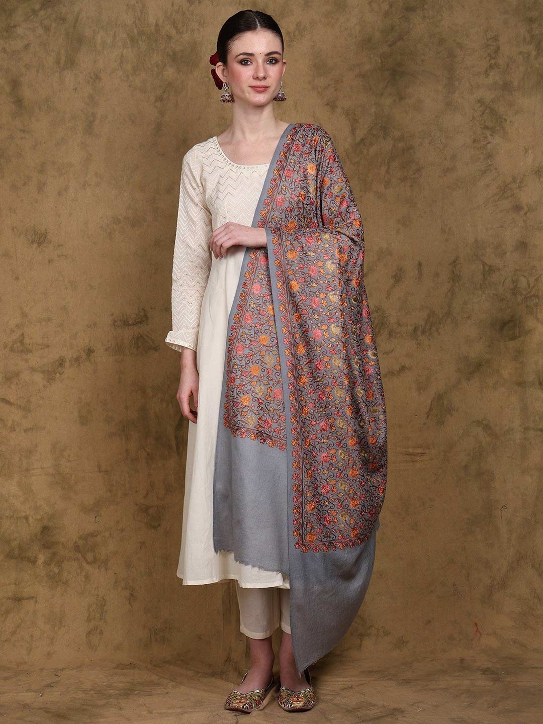 

Exotic India Pure Wool Shawl with Chain Stitch Embroidered Floral Jaal, Grey
