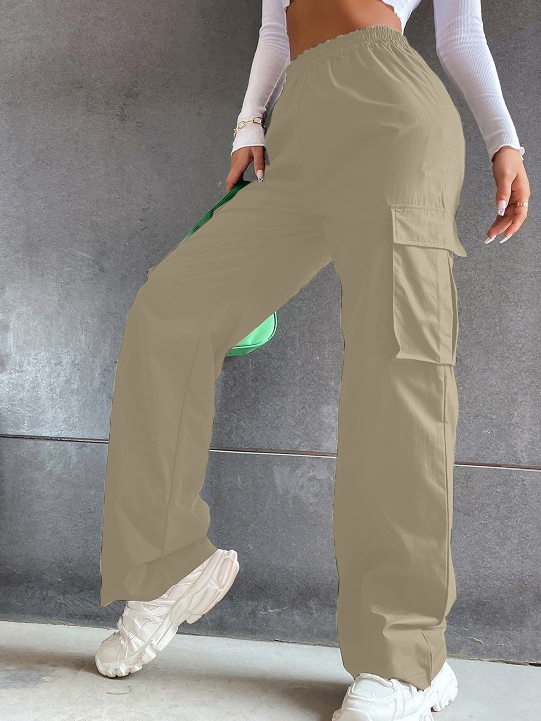 

AAHWAN Women Loose Fit High-Rise Cotton Cargo, Khaki