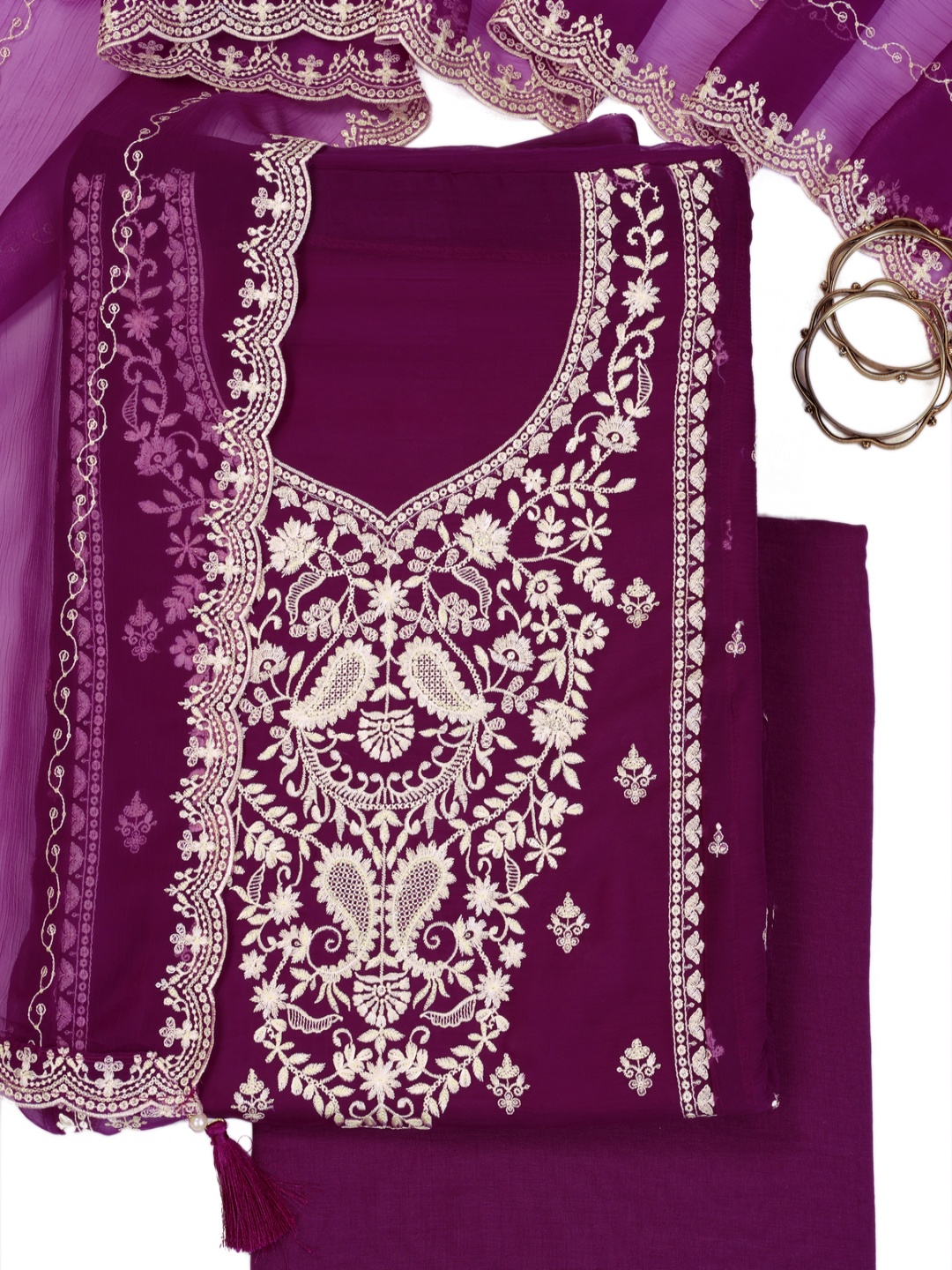 

KULEESH Floral Embroidered Sequinned Silk Chiffon Unstitched Dress Material, Purple