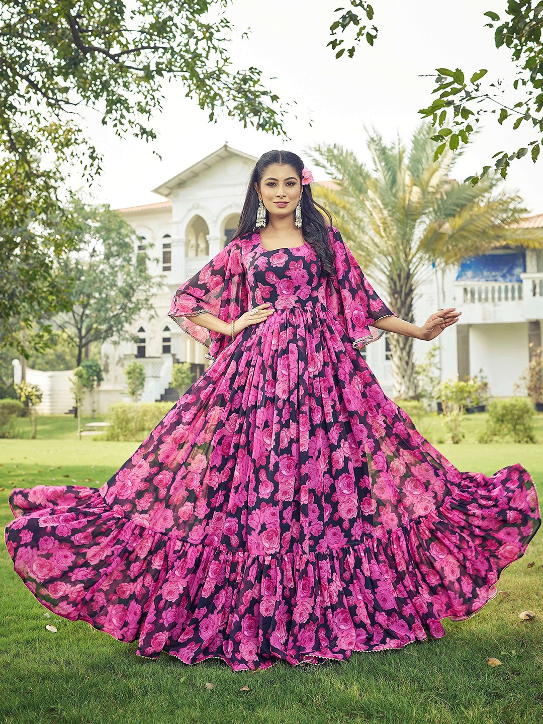 

CHANSI Floral Print Bell Sleeve Georgette Fit & Flare Maxi Dress, Pink