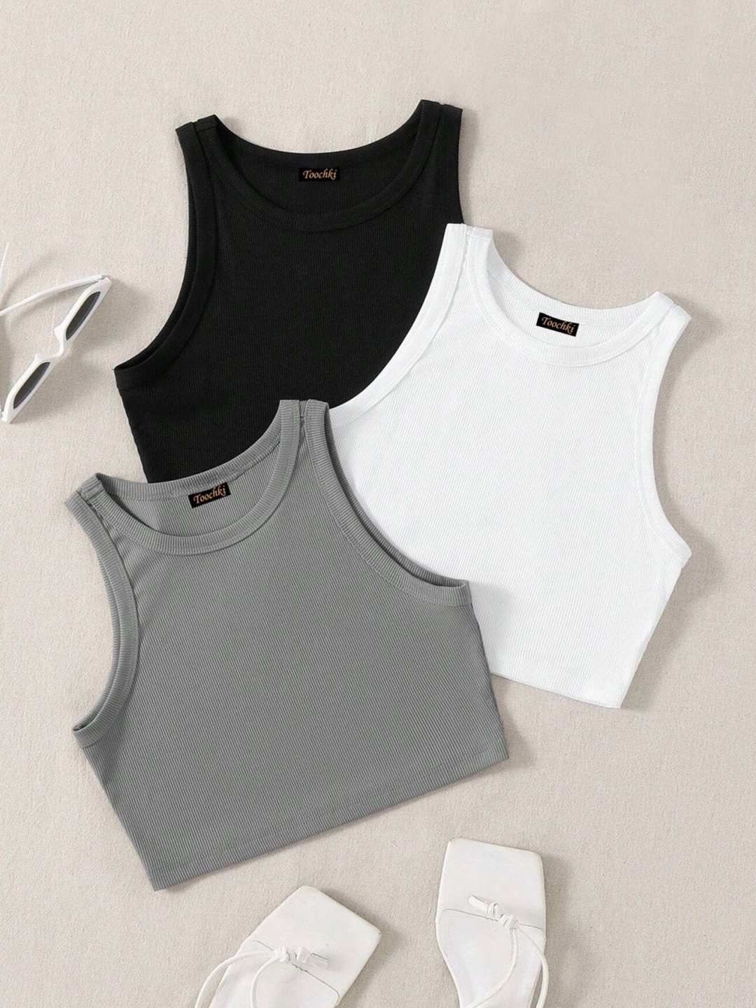 

TOOCHKI Women Pack Of 3 Sleeveless Lycra Tank Crop Top, Black