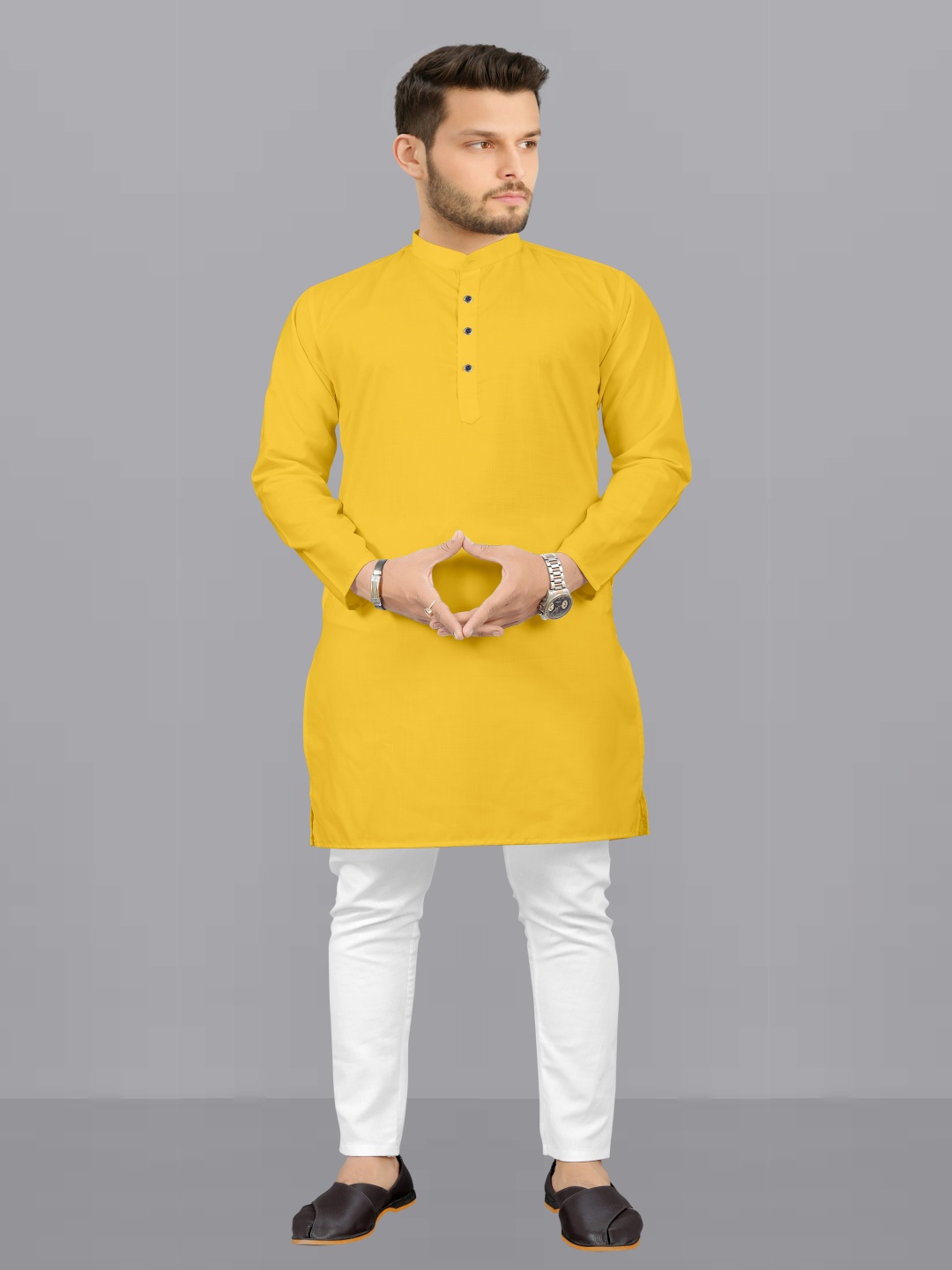 

Fashion FRICKS Band Collar Long Sleeves Kurta With Pyjamas, Yellow