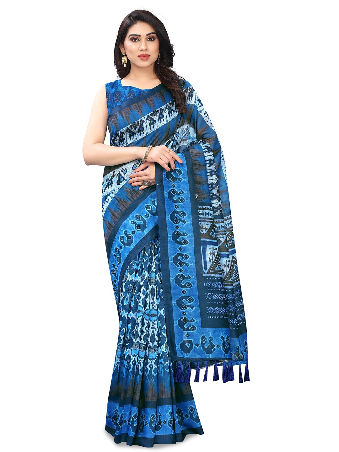 

DIVASTRI Digital Printed Kalamkari Chanderi Cotton Saree With Tassels, Blue