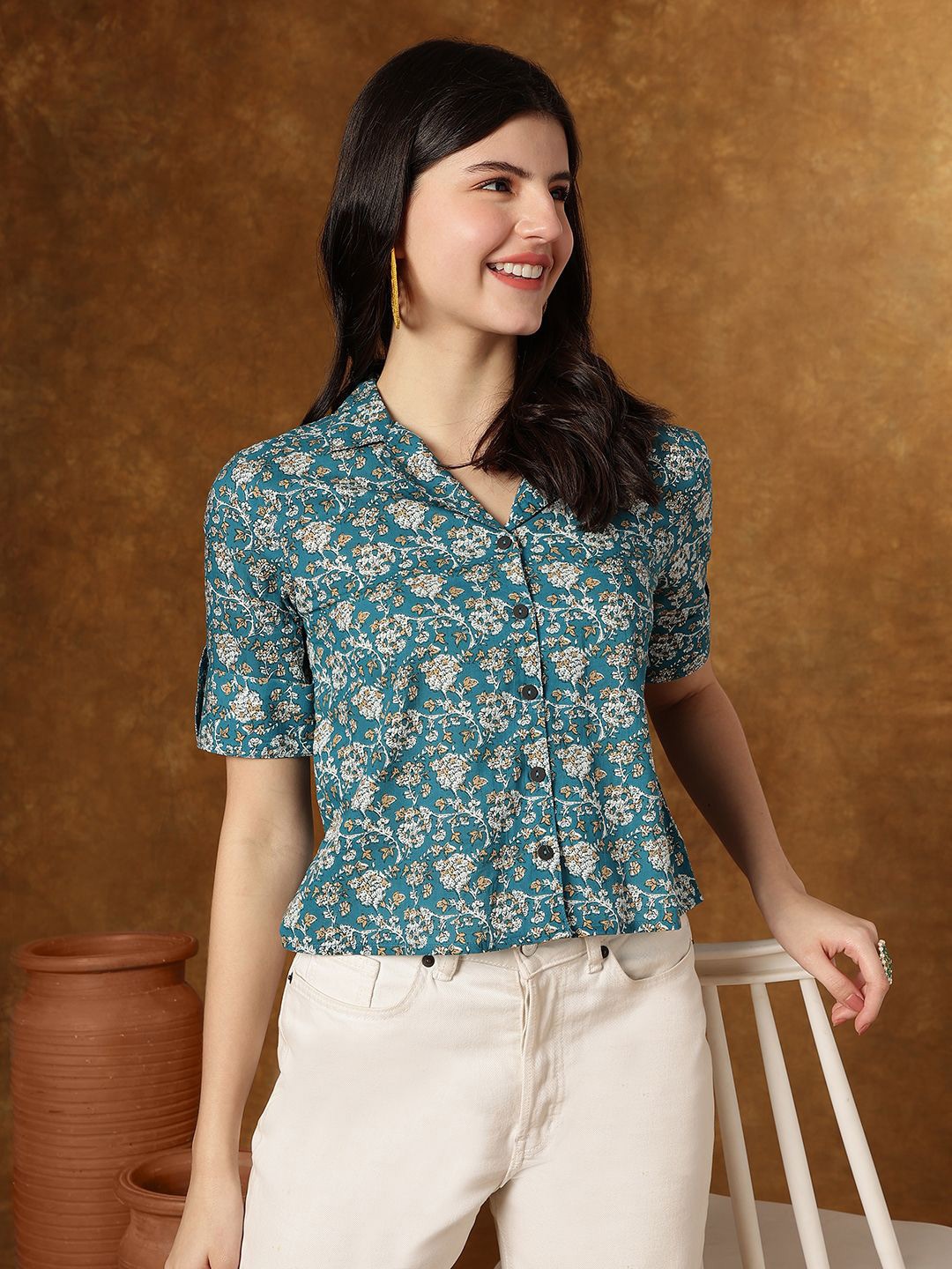 

KALINI Floral Print Roll-Up Sleeves Cotton Shirt Style Crop Top, Sea green