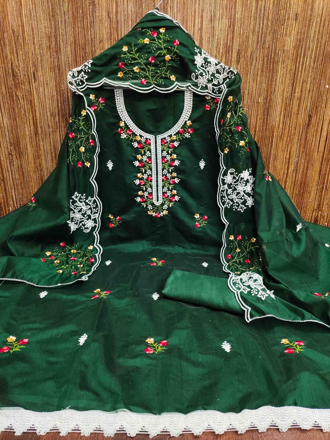 

Blissta Floral Embroidered Chanderi Cotton Unstitched Dress Material, Green