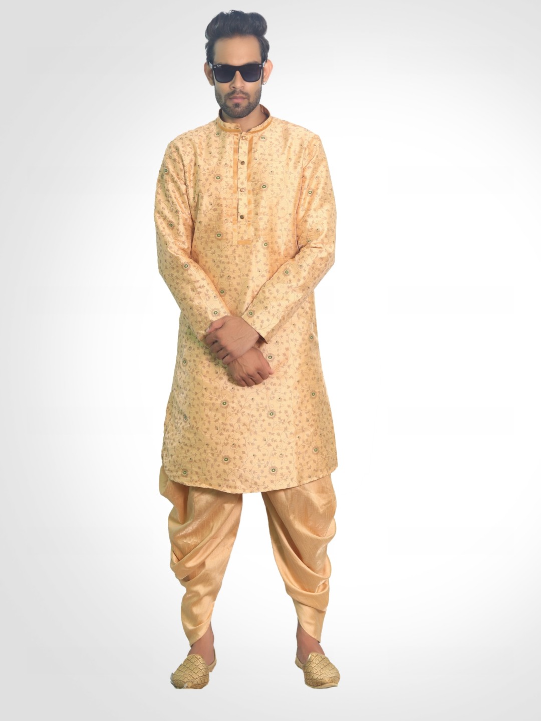 

House of Aqss Floral Printed Mandarin Collar Kurta With Dhoti Pants, Beige