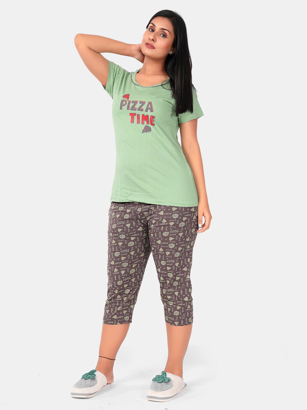 

SWEET MOON Typography Printed T-Shirt With Capri Night Suit, Green