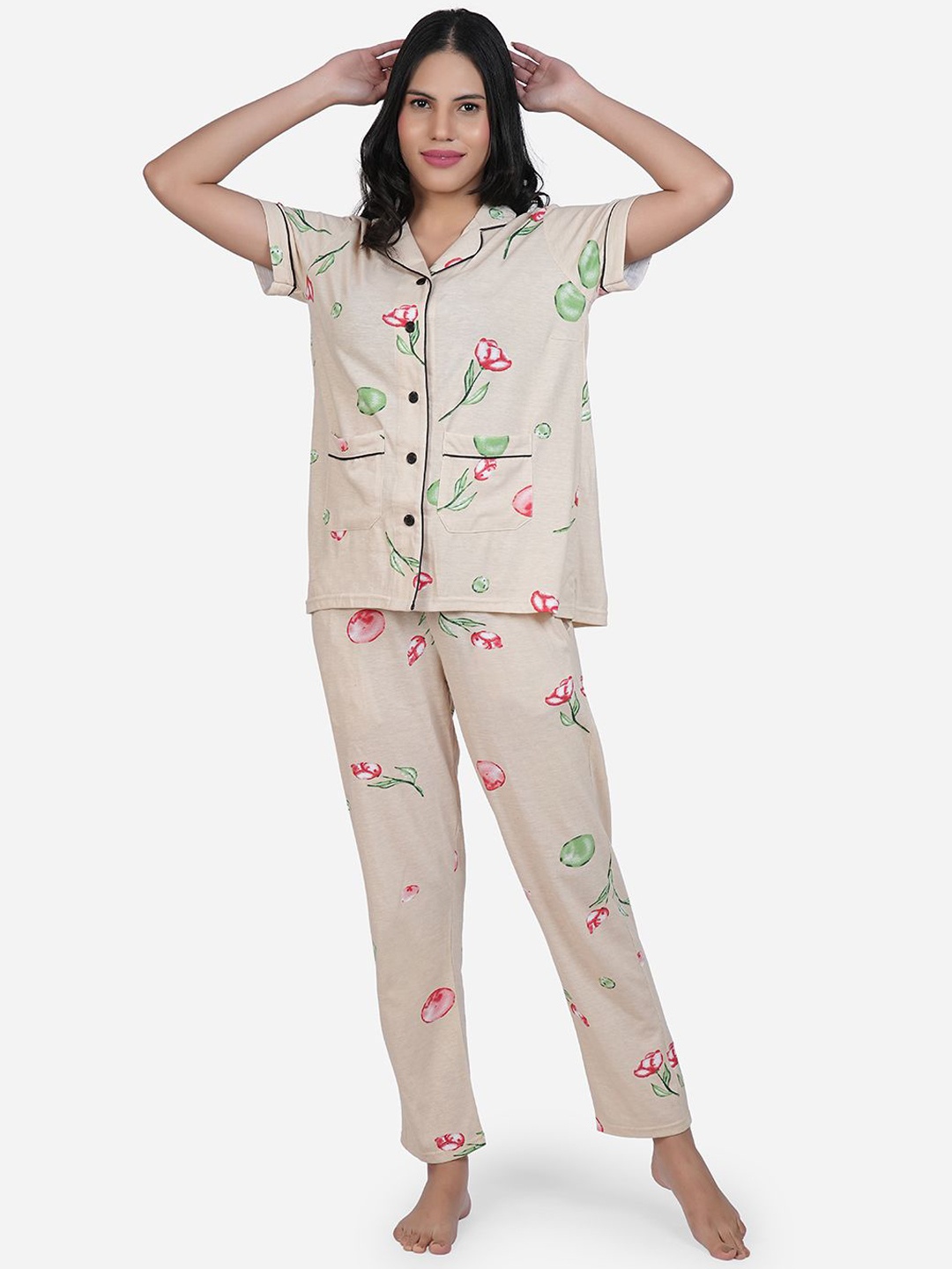 

SHYAM SONS FLAIR Women Printed Night suit, Beige