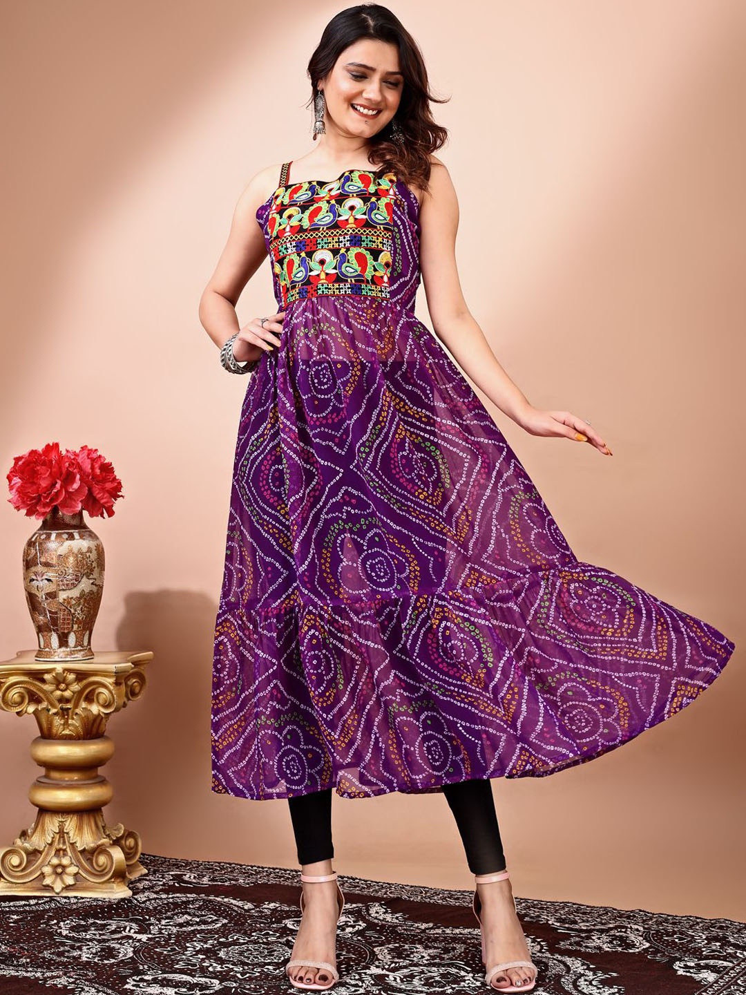

KALINI Bandhani Printed Patchwork Georgette Anarkali Kurta, Purple