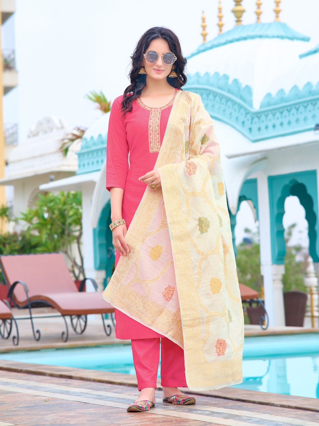 

RV CREATION Women Ethnic Motifs Yoke Design Regular Chanderi Silk Kurta with Trousers & With Dupatta, Pink