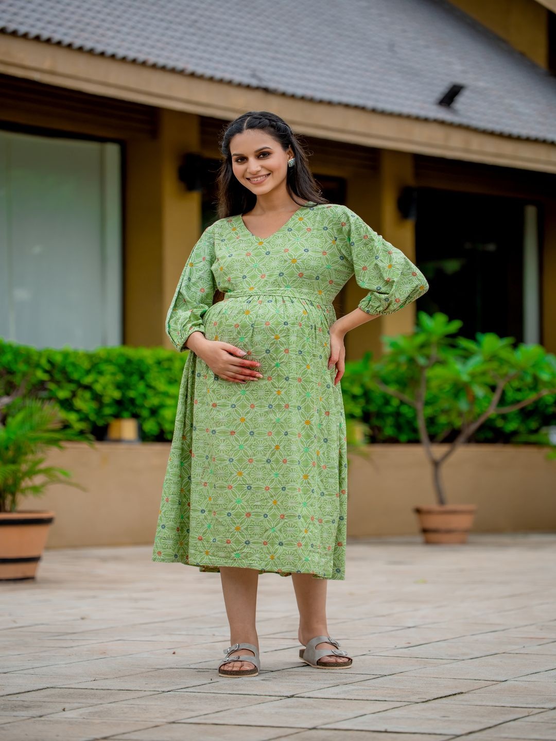 

SWEET MOON Floral Printed Maternity Fit and Flare Midi Dress, Green
