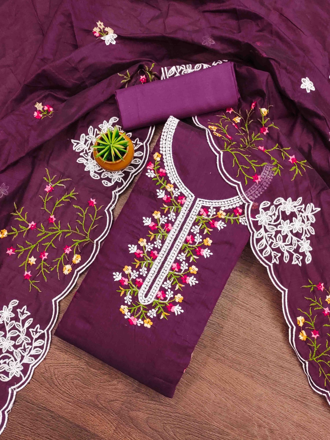 

Blissta Floral Embroidered Chanderi Cotton Unstitched Dress Material, Purple