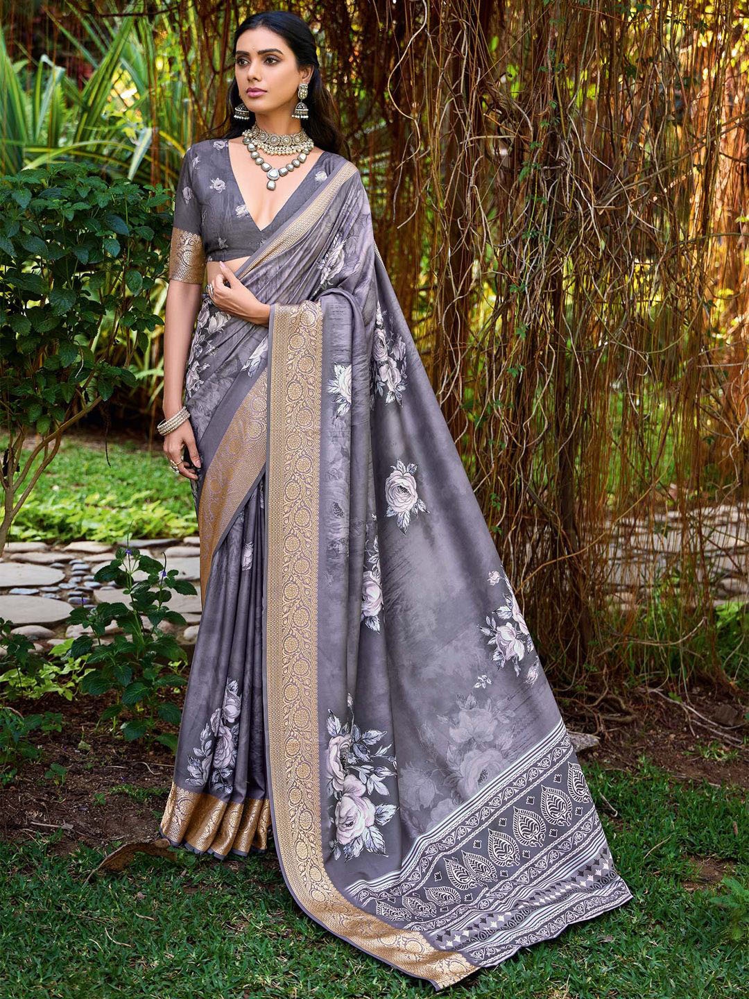 

Saree mall Floral Zari Silk Blend Tussar Sarees, Grey