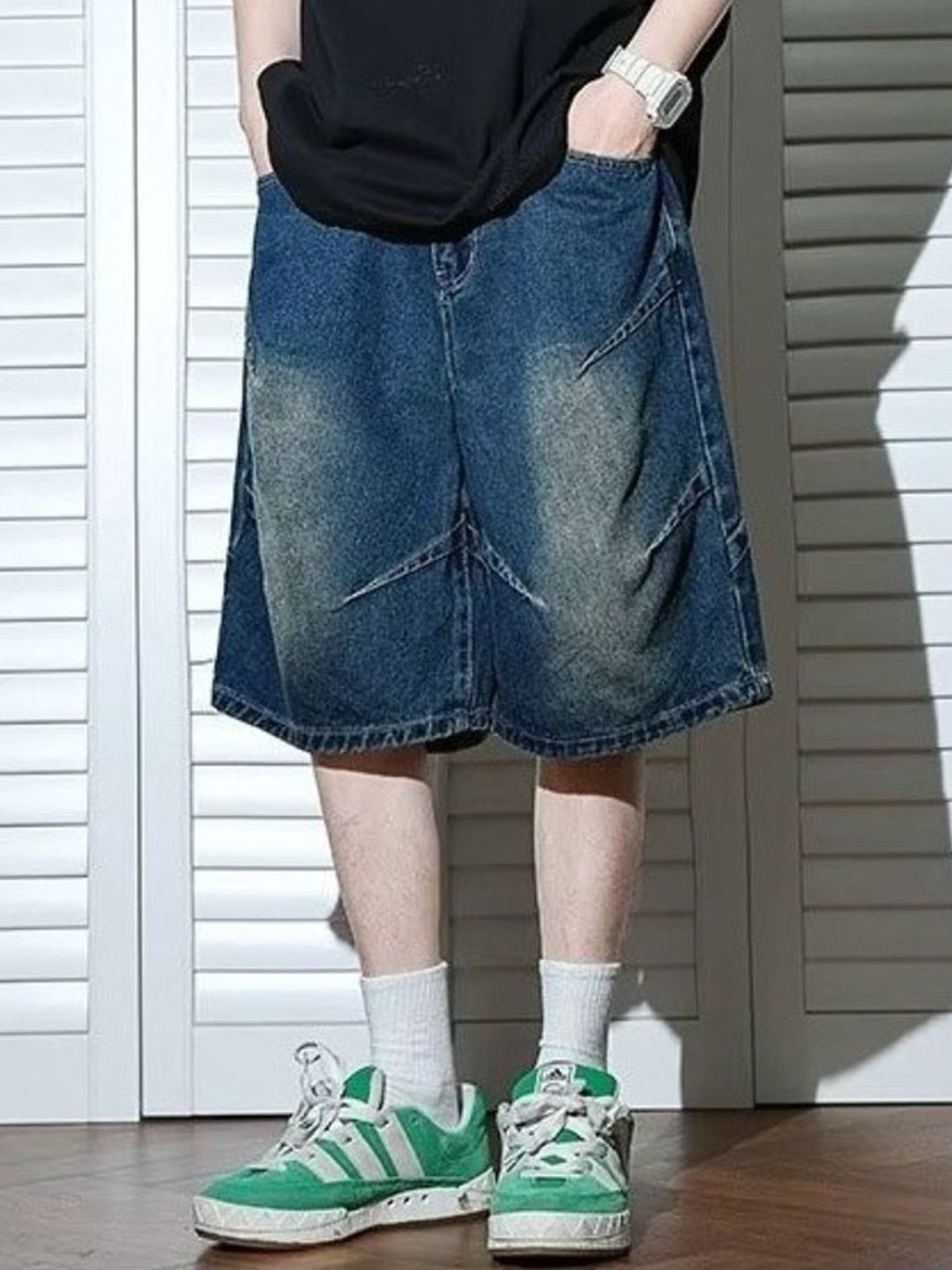 

HERE&NOW Men Loose Fit Modal Denim Shorts, Blue