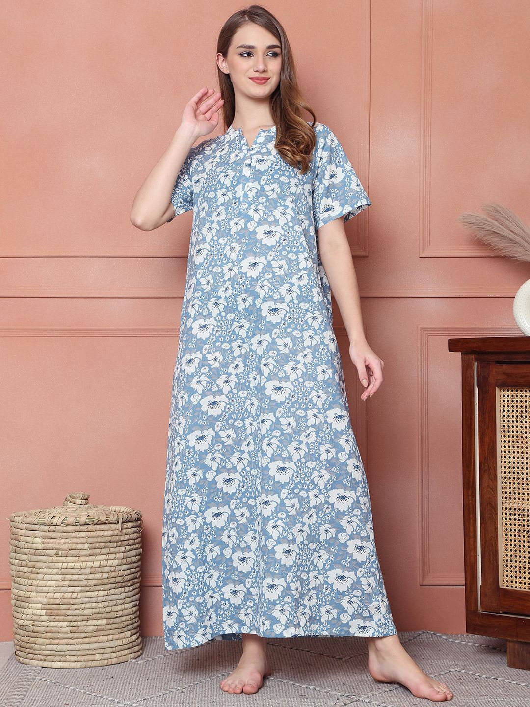 

Kanvin Women Printed Pure Cotton Nightdress, Blue