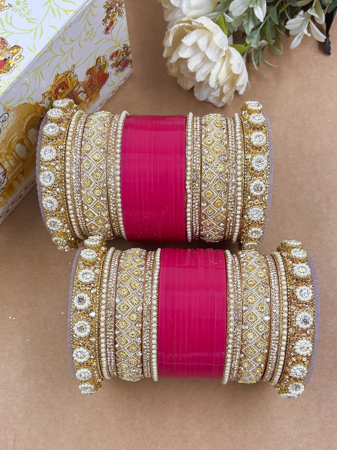 

Wedding Chuda by Hitesh Bangles Set Of 48 Stone-Studded & Beaded Bangles, Gold