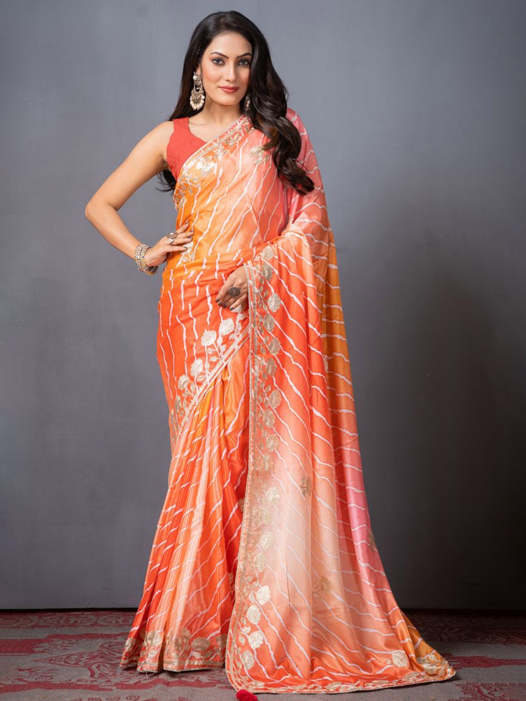 

KAJREE Leheriya Printed Pure Silk Leheriya Saree, Orange