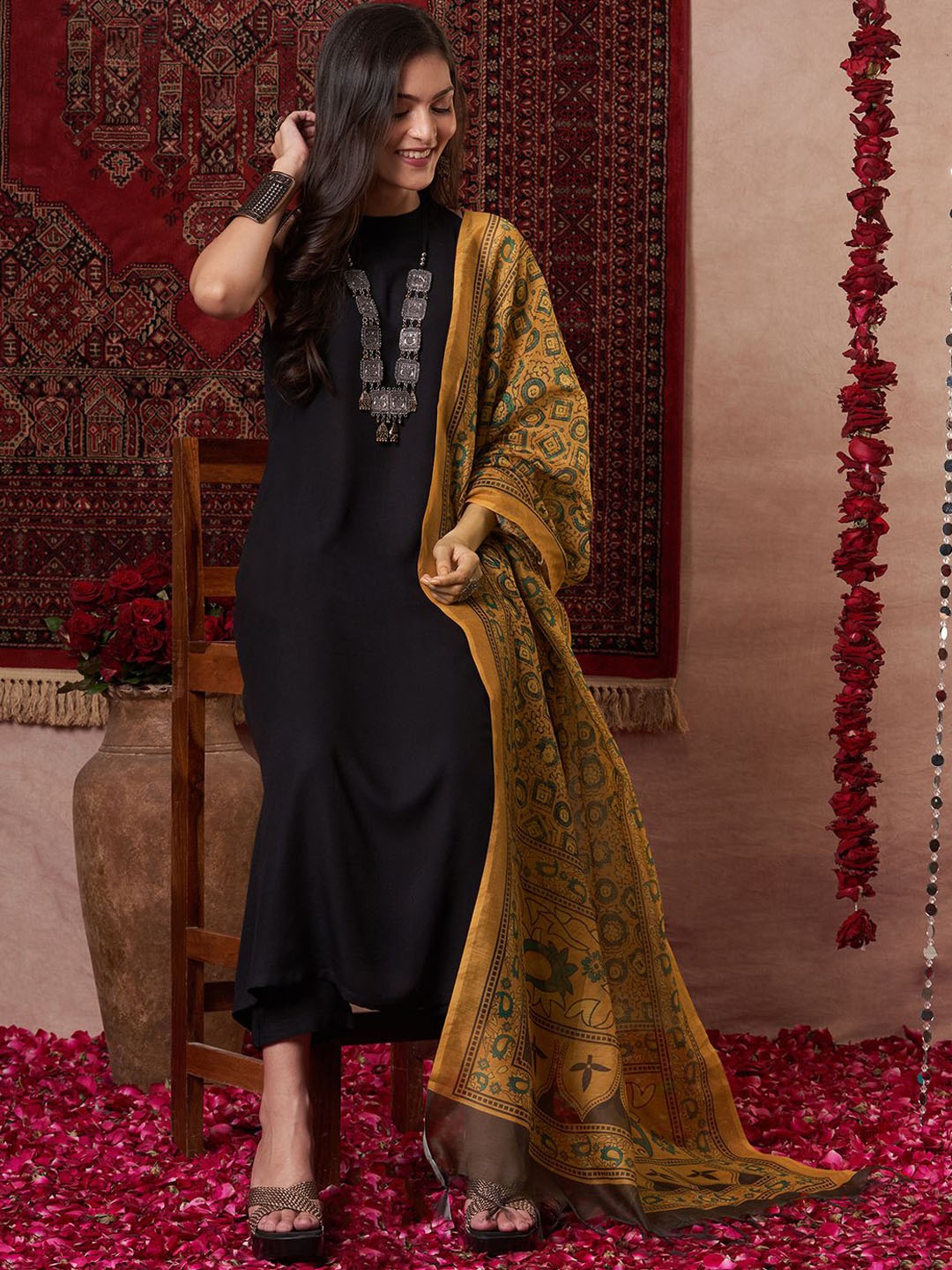 

Anni Designer Round Neck Straight Kurta With Trousers & Dupatta, Black