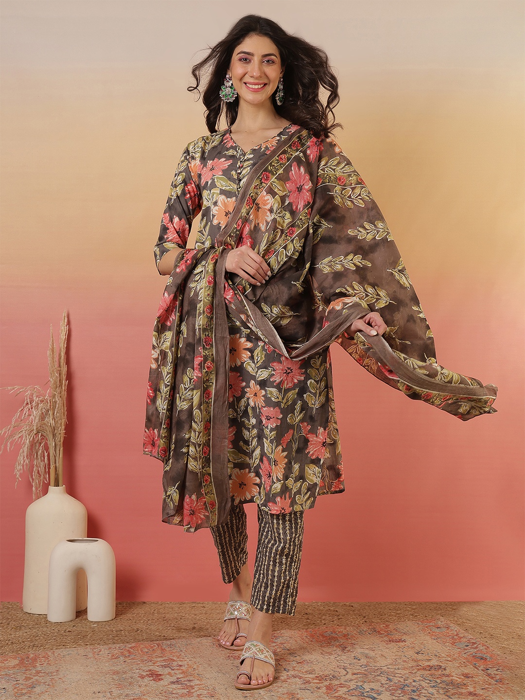 

Sangria Brown Floral Printed Pure Cotton Straight Kurta With Trouser And Dupatta