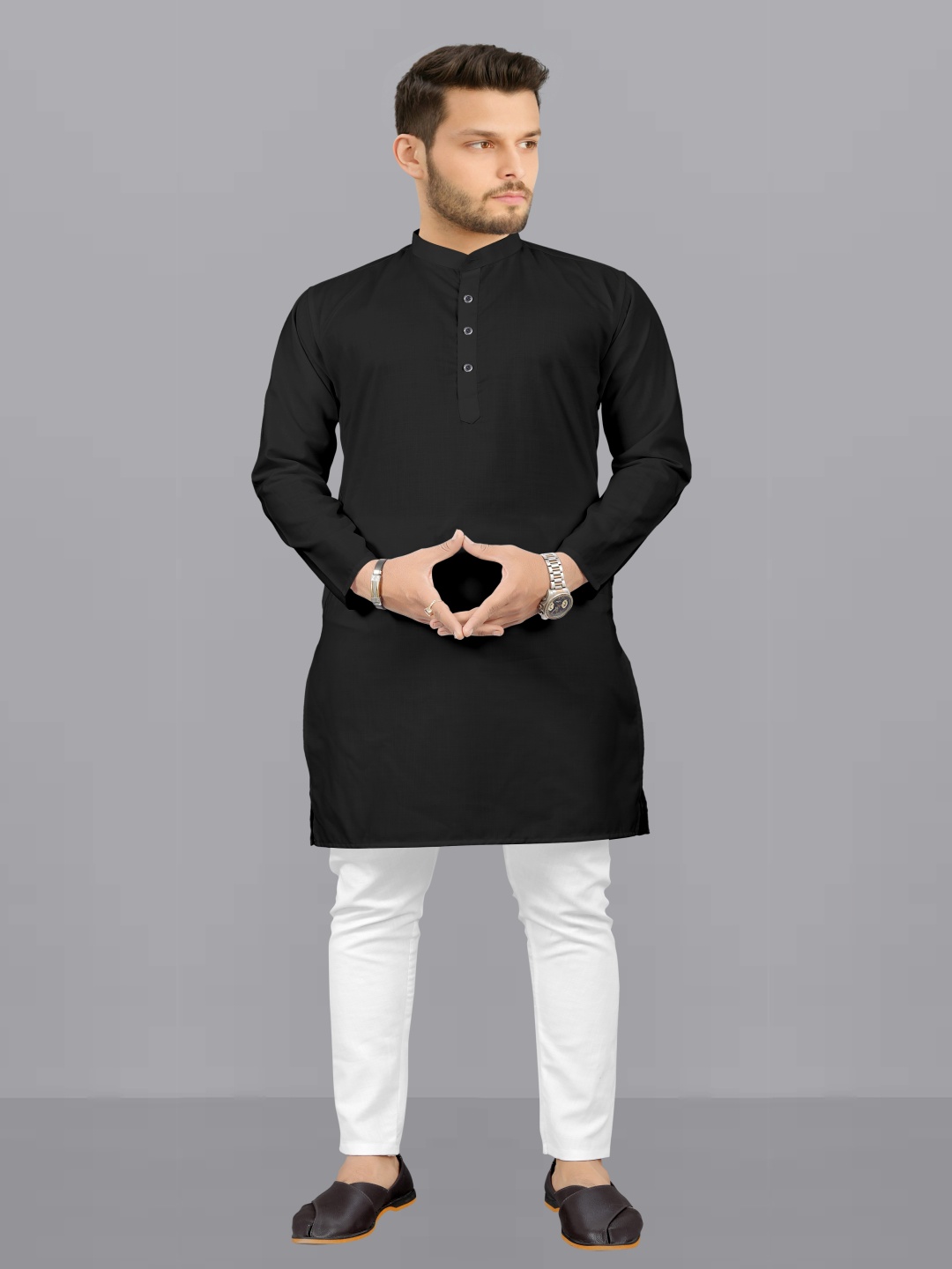 

Fashion FRICKS Band Collar Long Sleeves Kurta With Pyjamas, Black