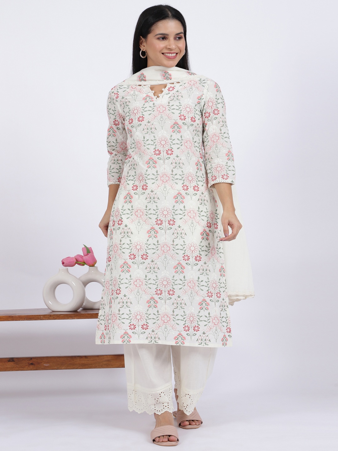 

W White Floral Embroidered Pure Cotton Notch Neck Straight Kurta With Trousers & Dupatta