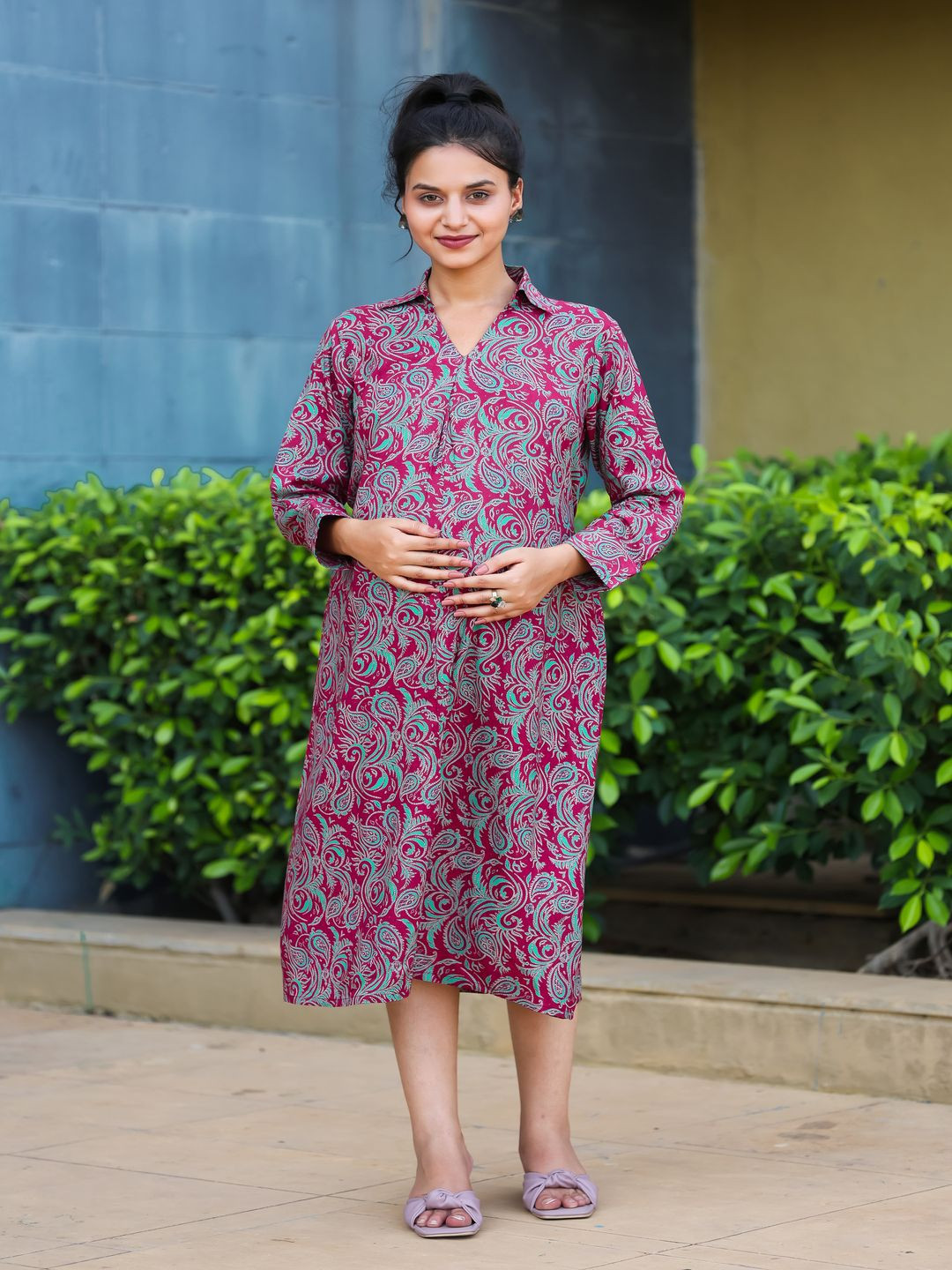 

SWEET MOON Paisley Printed Shirt Collar A-Line Maternity Dress, Pink