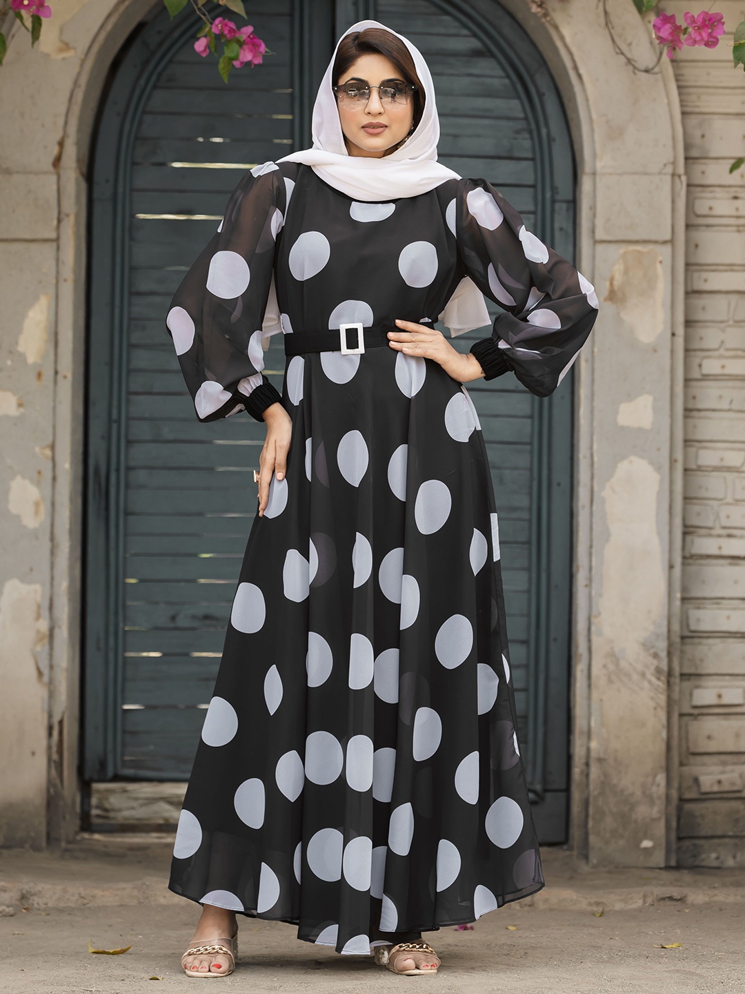 

SARINKU Polka Dot Print Puff Sleeve Georgette Maxi Dress, Black