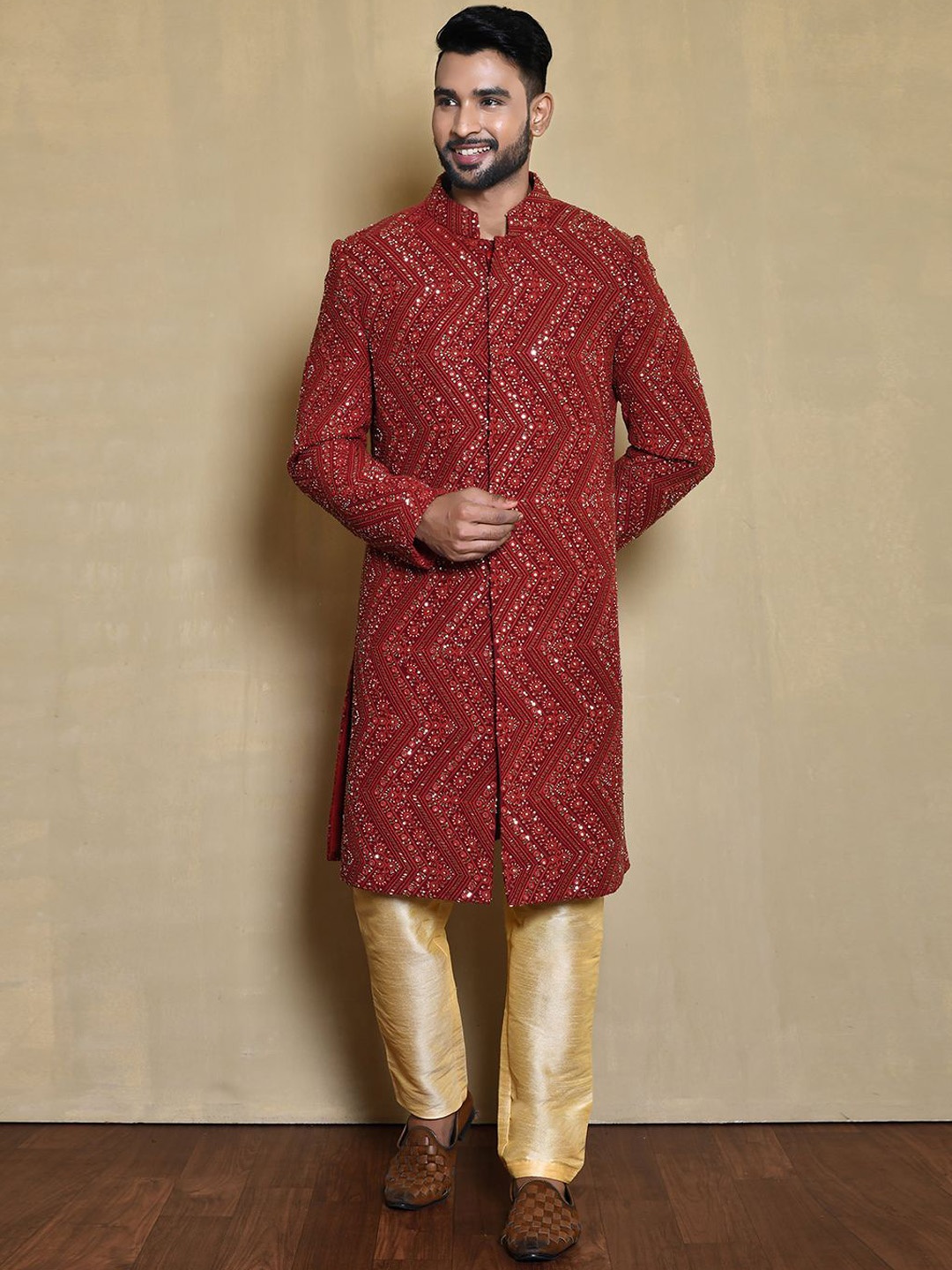 

Arihant Rai Sinha Embroidery Pure Silk Mirror Chevron Mandarin Collar Sherwani Set, Red