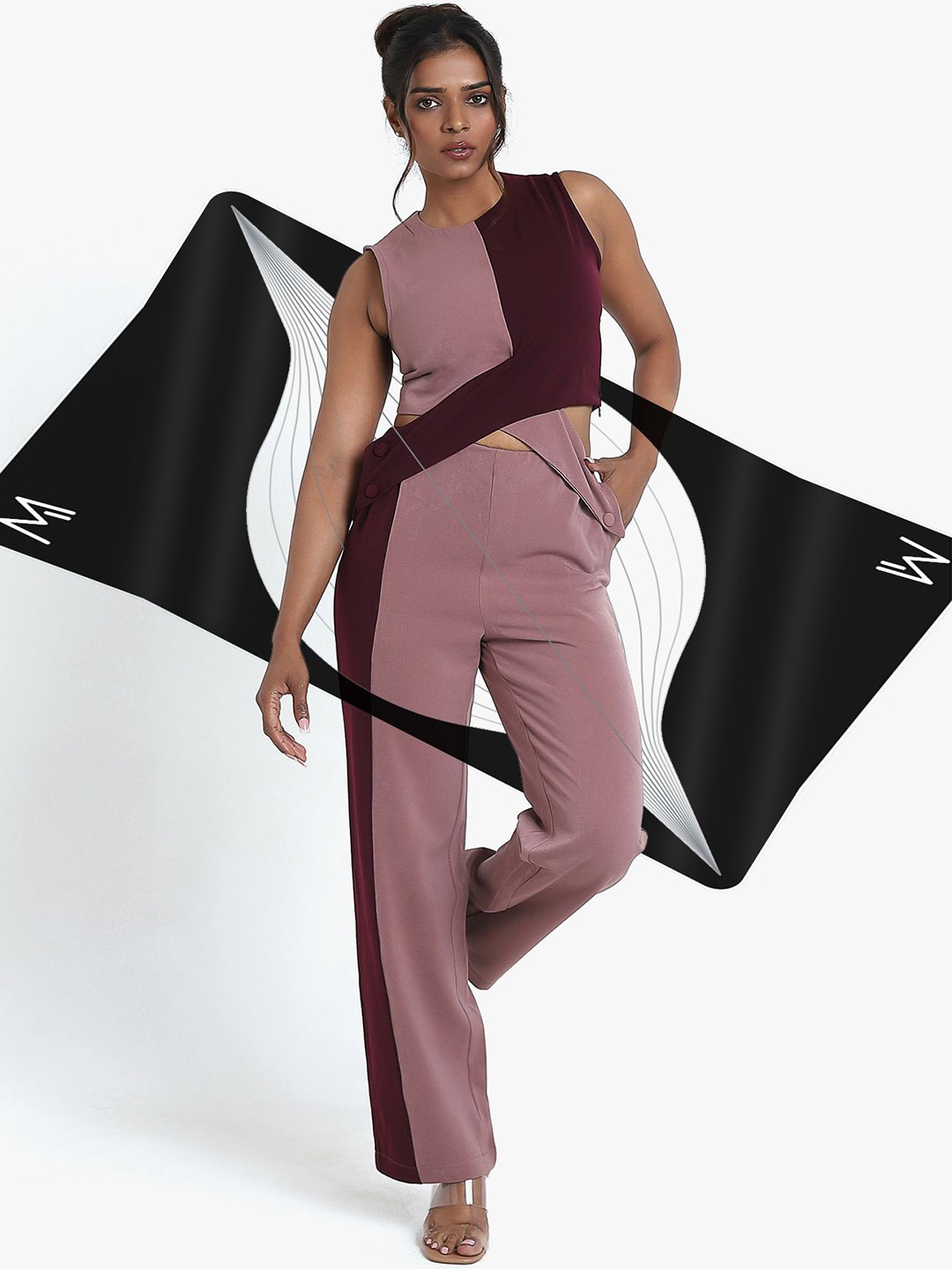 

Matsze Skewed Interlocked Colorblocked Round Neck Top And Trousers, Pink