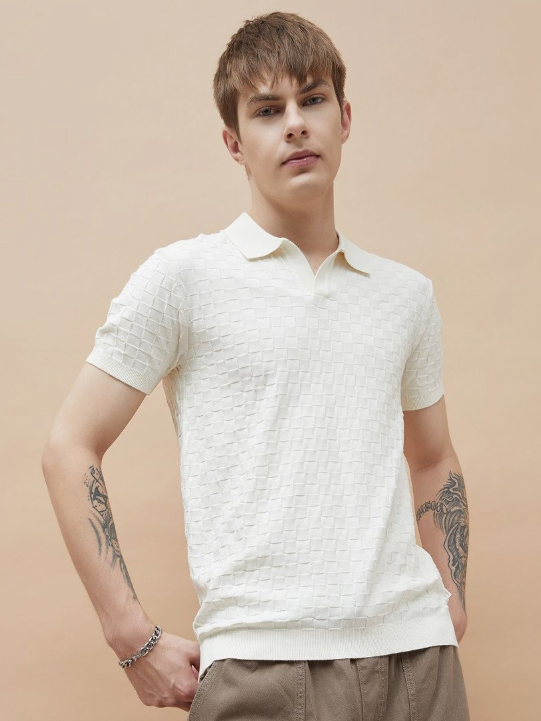 

Forca Men Self Design Polo Collar Cotton T-shirt, Off white