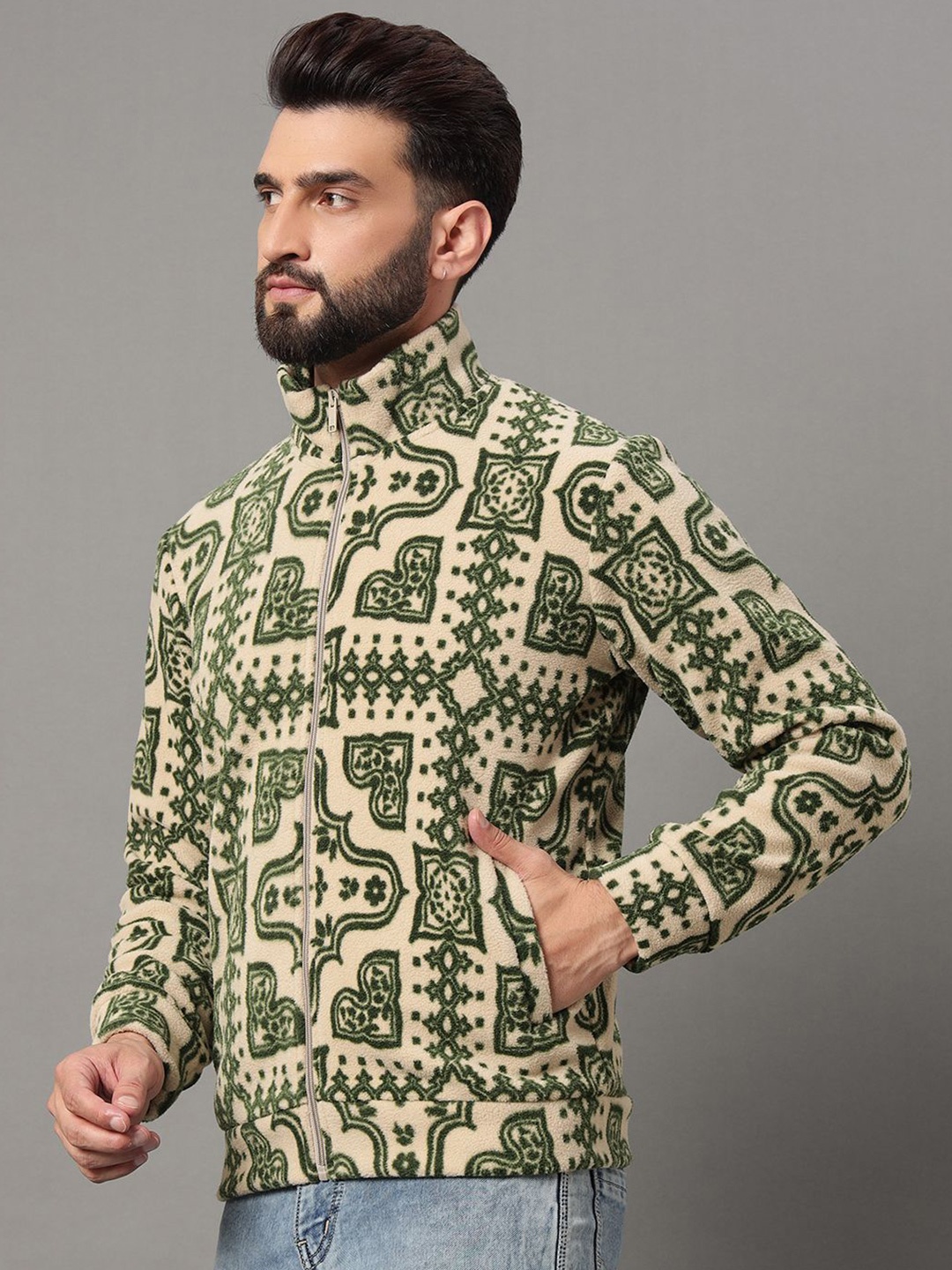 

OGEN Men Printed Front-Open Sweatshirt, Beige