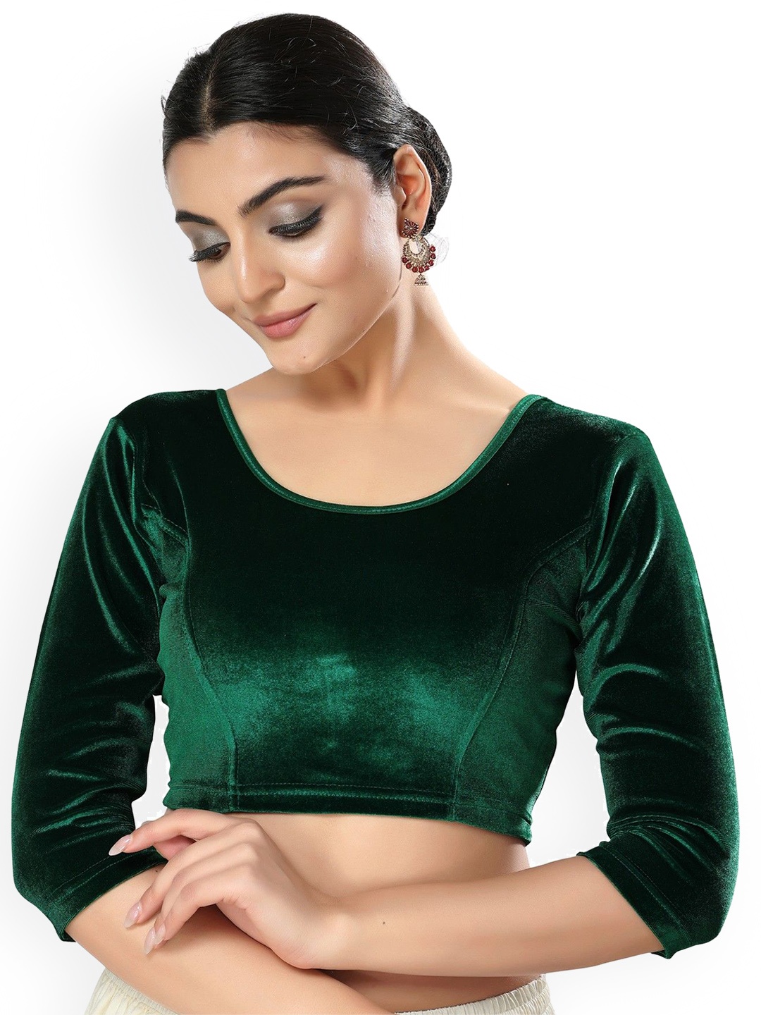 

Mmore Round Neck Three-Quarter Sleeves Stretchable Saree Blouse, Green