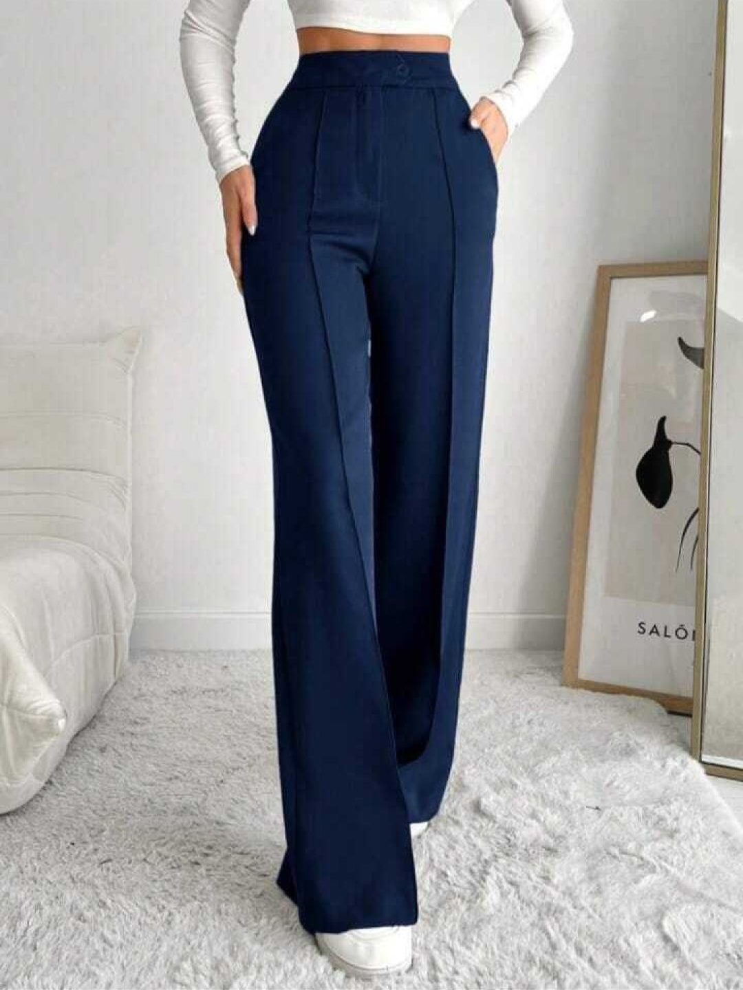 

Next One Women Smart Straight Fit High-Rise Easy Wash Pleated Parallel Trouser, Navy blue