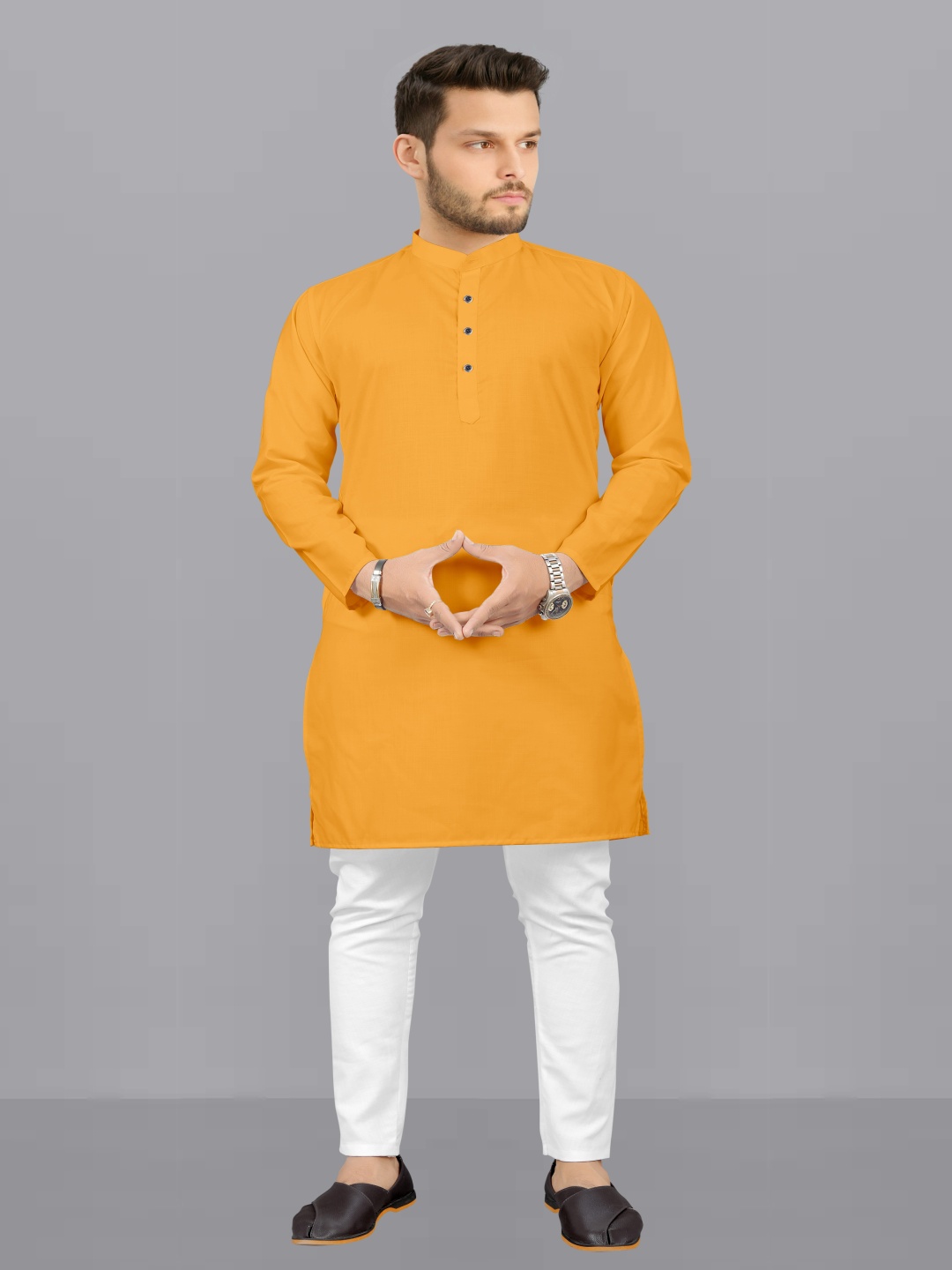 

Fashion FRICKS Mandarin Collar Straight Kurta With Pyjama, Mustard