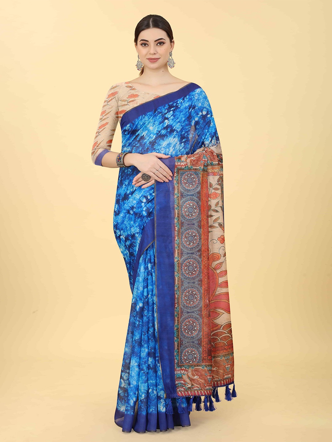 

DIVASTRI Chanderi Cotton Indigo Digital Printed Saree With Beautiful Tassels, Blue