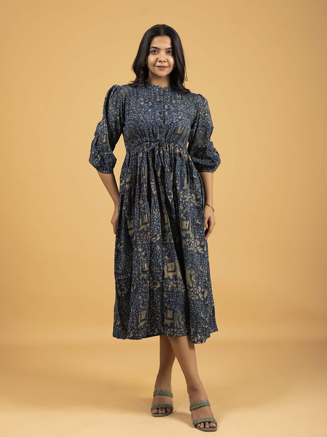 

SPARSA Women Floral Printed Pure Cotton Fit & Flare Midi Dress, Navy blue