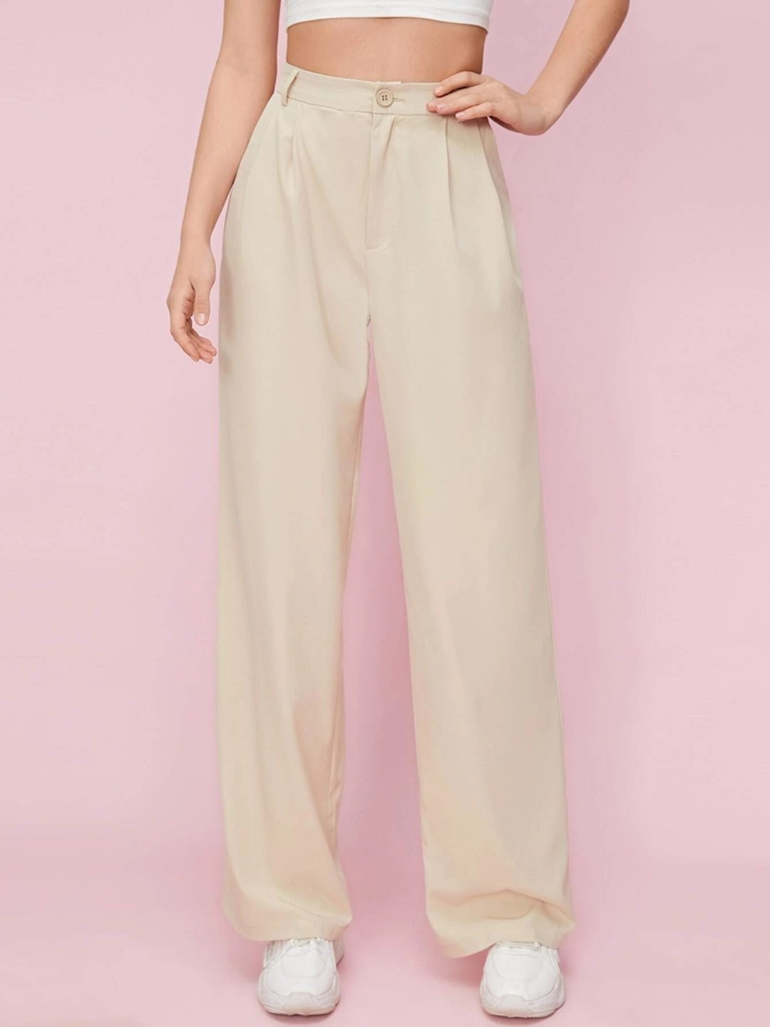 

FNOCKS Women Relaxed Straight Leg High-Rise Trousers, Cream