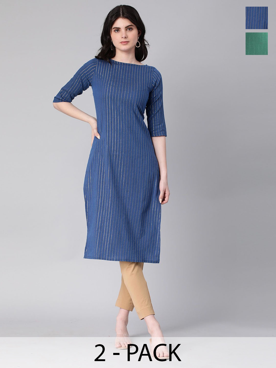 

KALINI Selection Of 2 Striped Round Neck Straight Kurtas, Navy blue