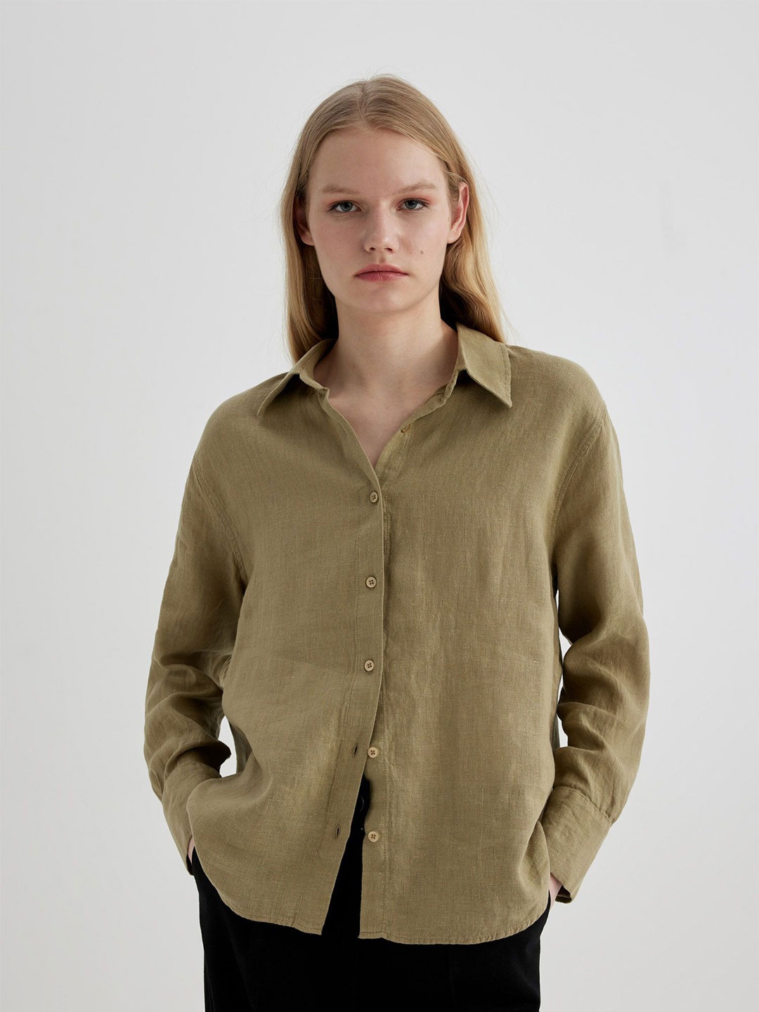 

DeFacto Women Spread Collar Solid Linen Casual Shirt, Green