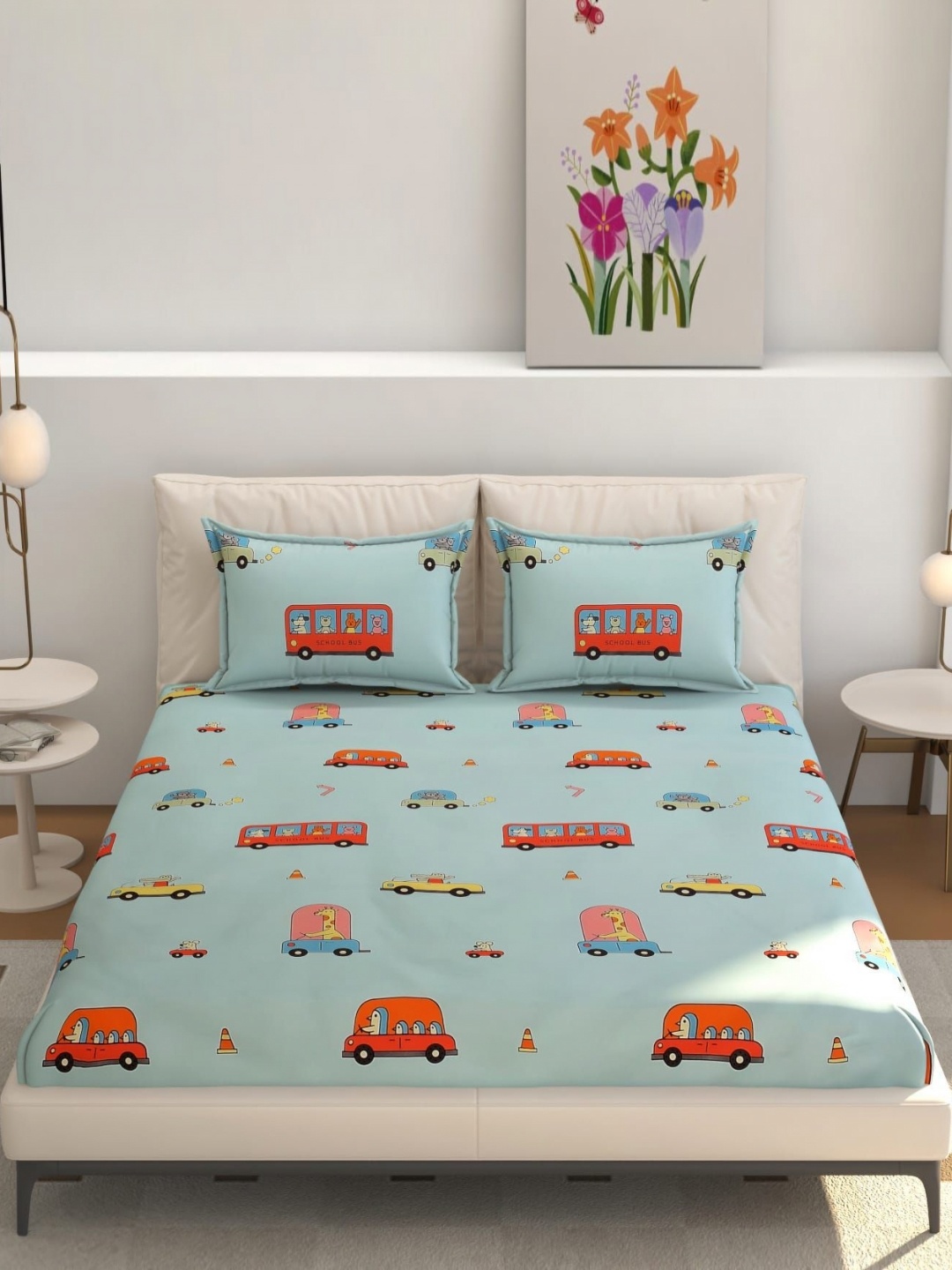 

B' Decorlish Blue & Red Cartoon Characters 220 TC Queen Bedsheet with 2 Pillow Covers