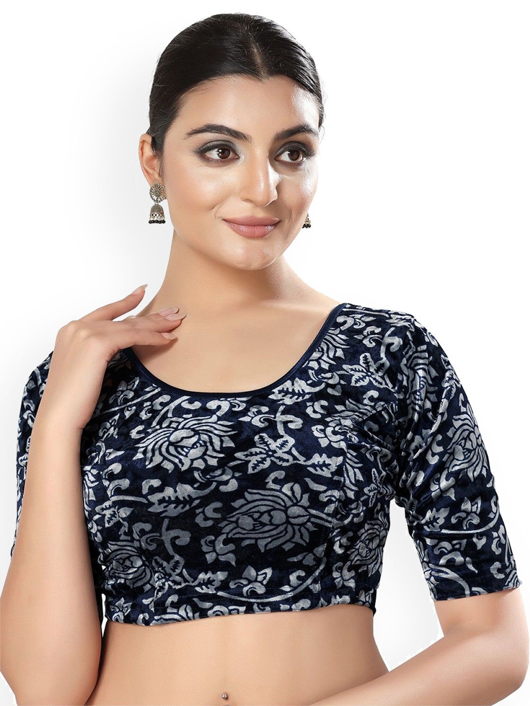 

Mmore Printed Stretchable Saree Blouse, Navy blue