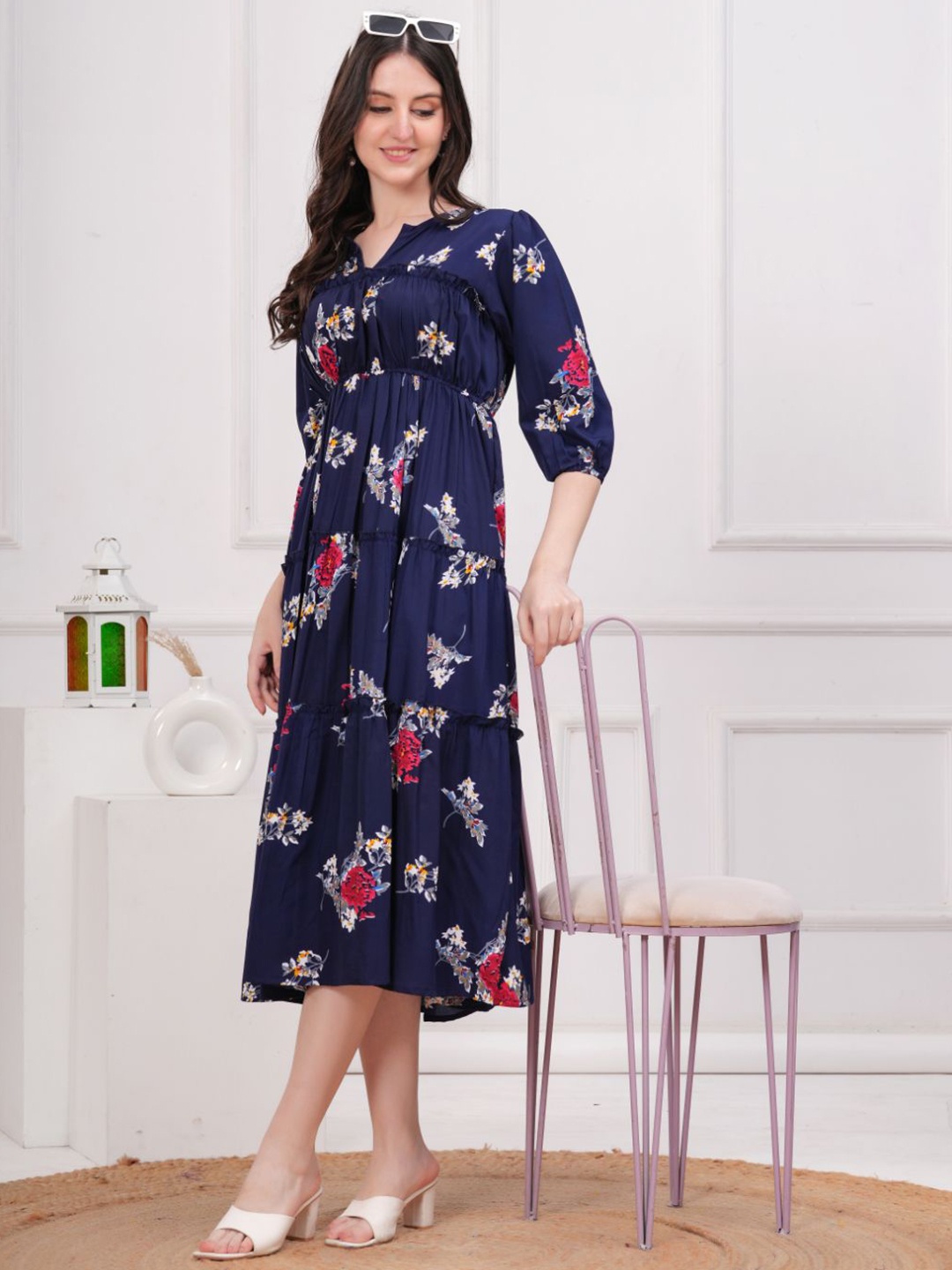 

HIGHLIGHT FASHION EXPORT Floral Crepe Formal Fit & Flare Midi Dress, Navy blue