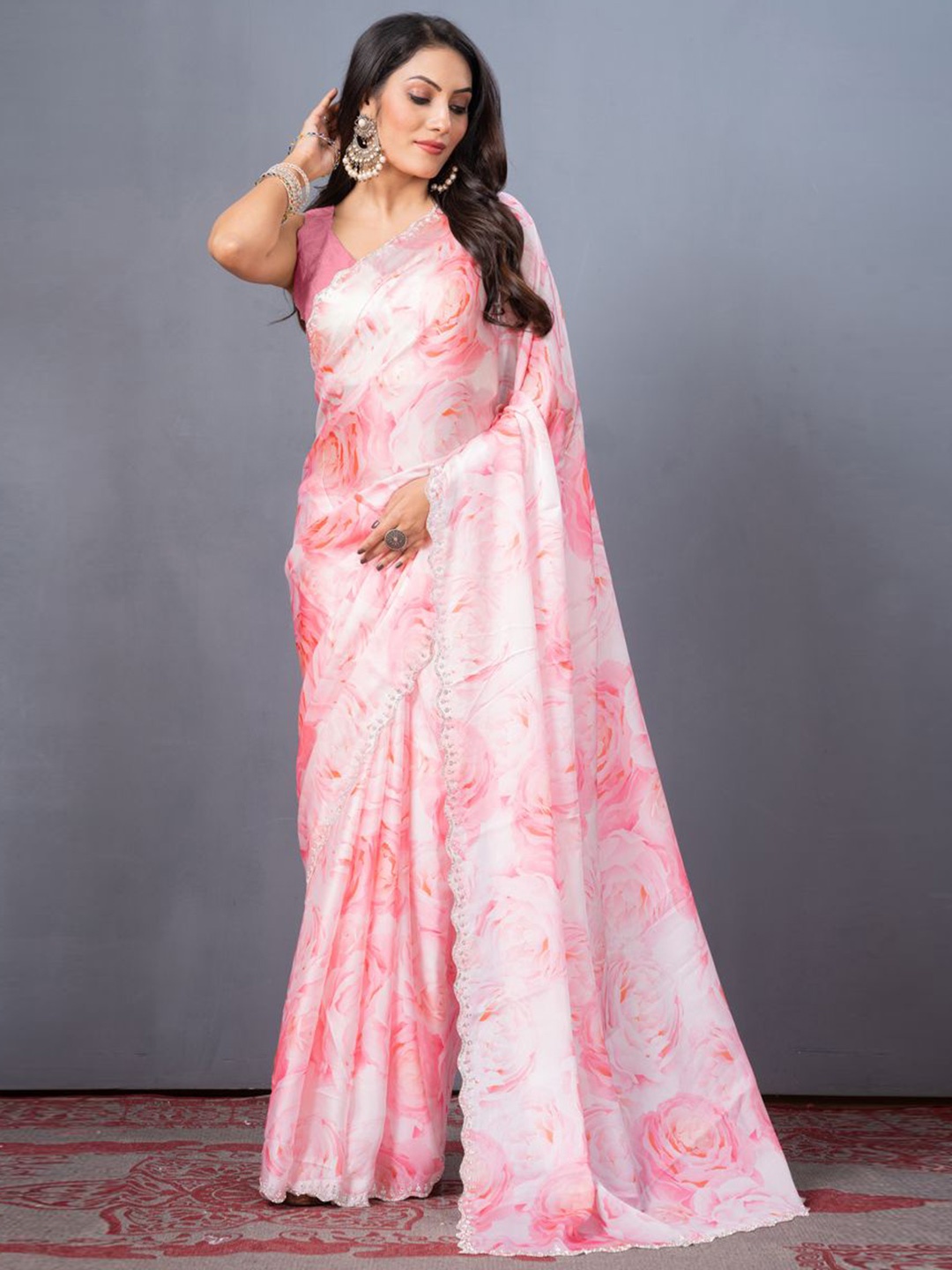 

KAJREE Floral Printed Beads and Stones Satin Saree, Pink